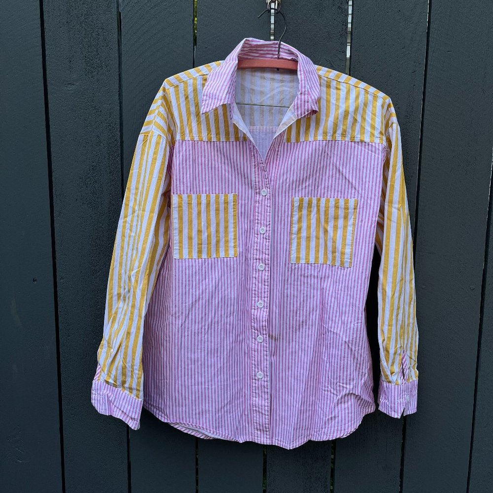 Yellow-Pink Striped Avant Garde Shirt S/M 100% Cotton Made in Japan VTG